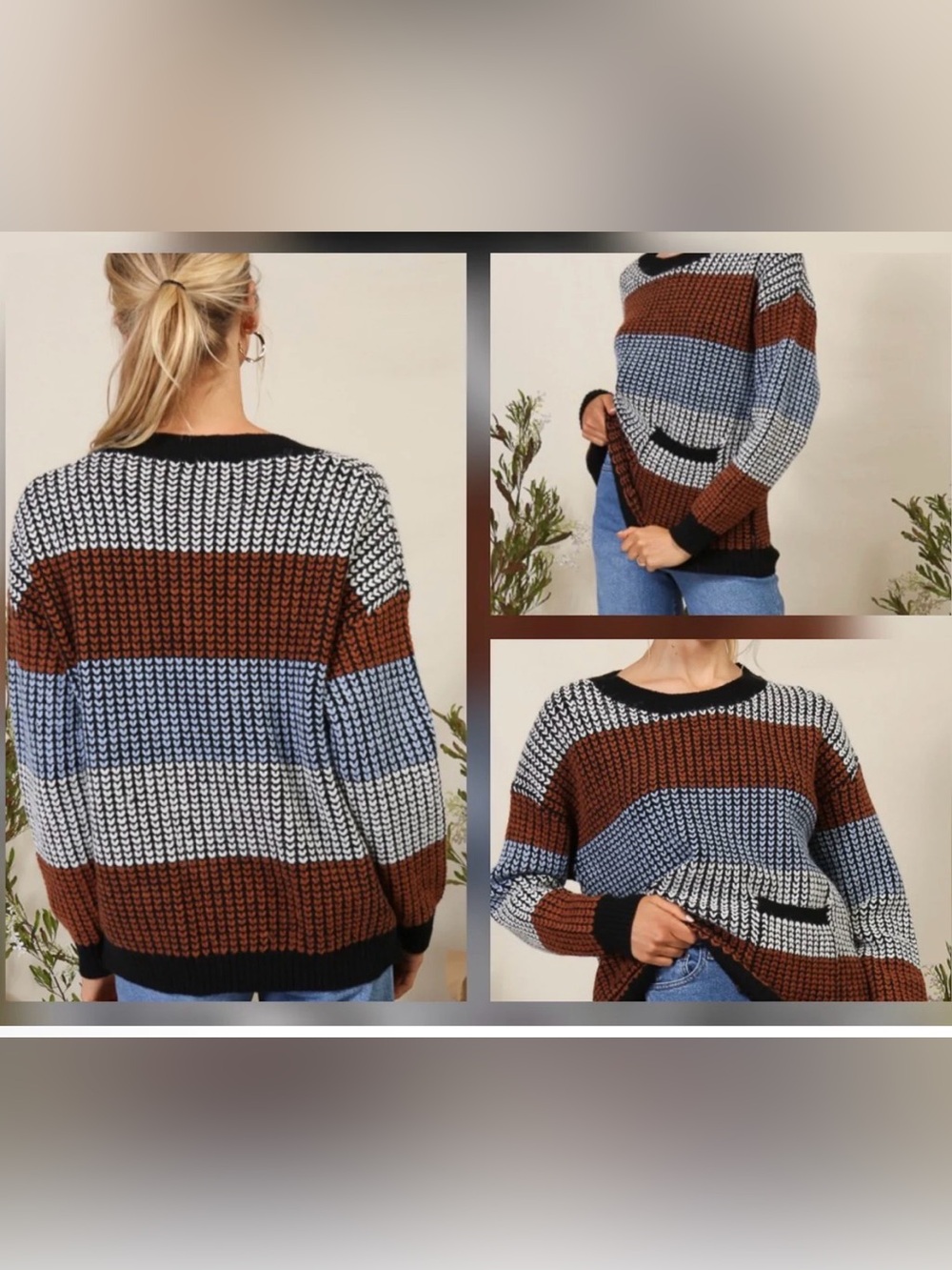 Lumiere Striped Crewneck Sweater in Brown, Blue & White